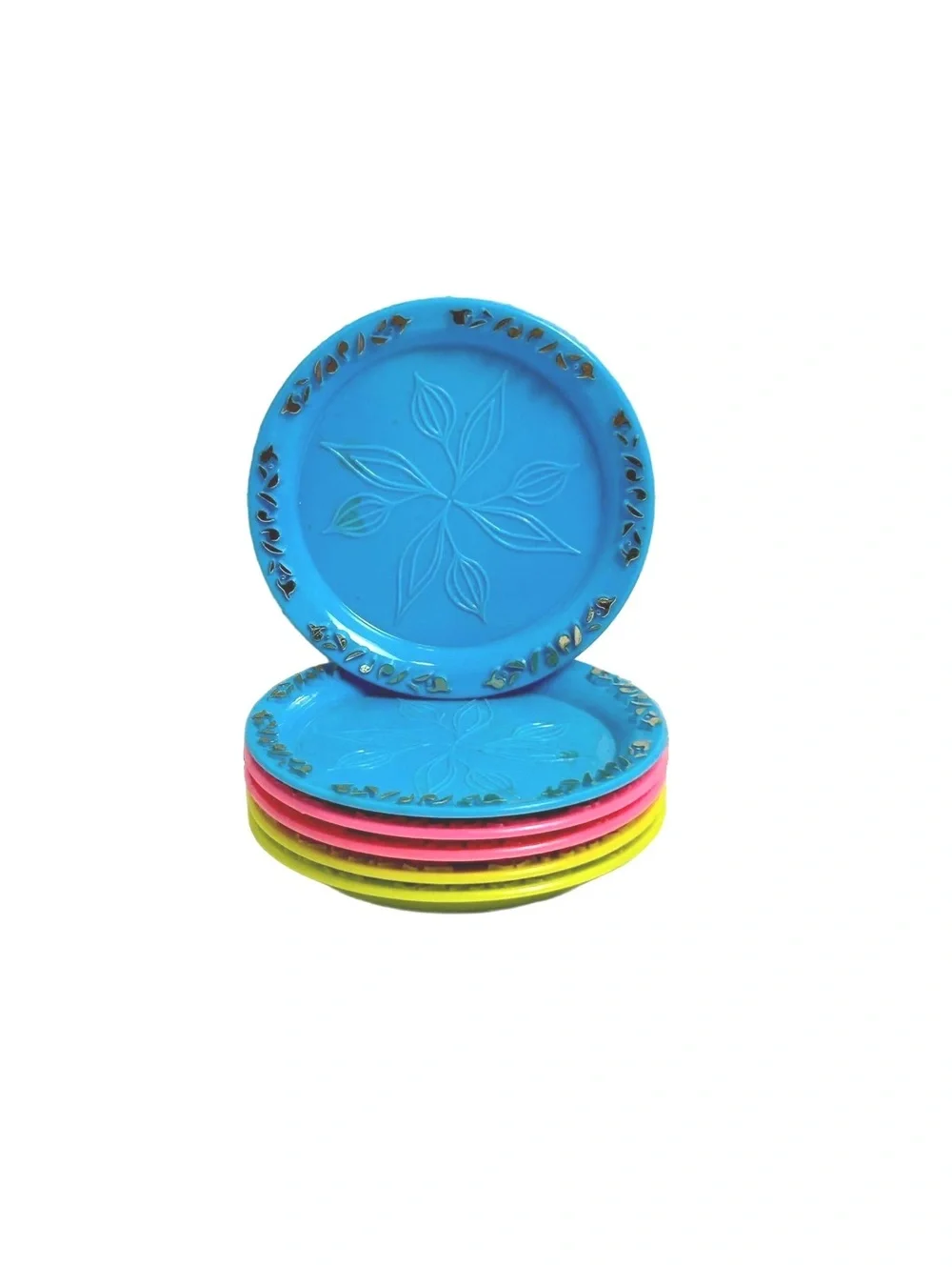 Set of 6 Colorful Decorative Plates with Leaf Motif and Embossed Edges